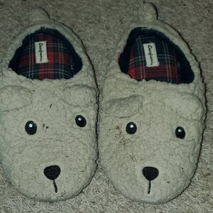 Dearfoams Cream Bear Slippers with Plaid Interior